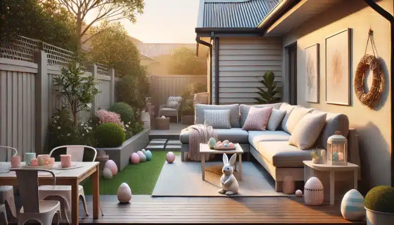 DALL·E 2025 04 16 11.05.17 A clean, minimalist suburban backyard in Sydney, prepared for Easter Sunday. The scene shows tidy outdoor furniture, a clean lawn, and a few subtle Ea